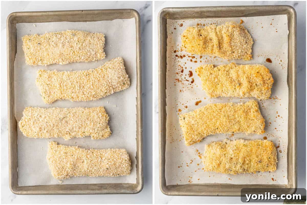 Sheet pans with unbaked and perfectly baked golden cod fillets, ready to serve.