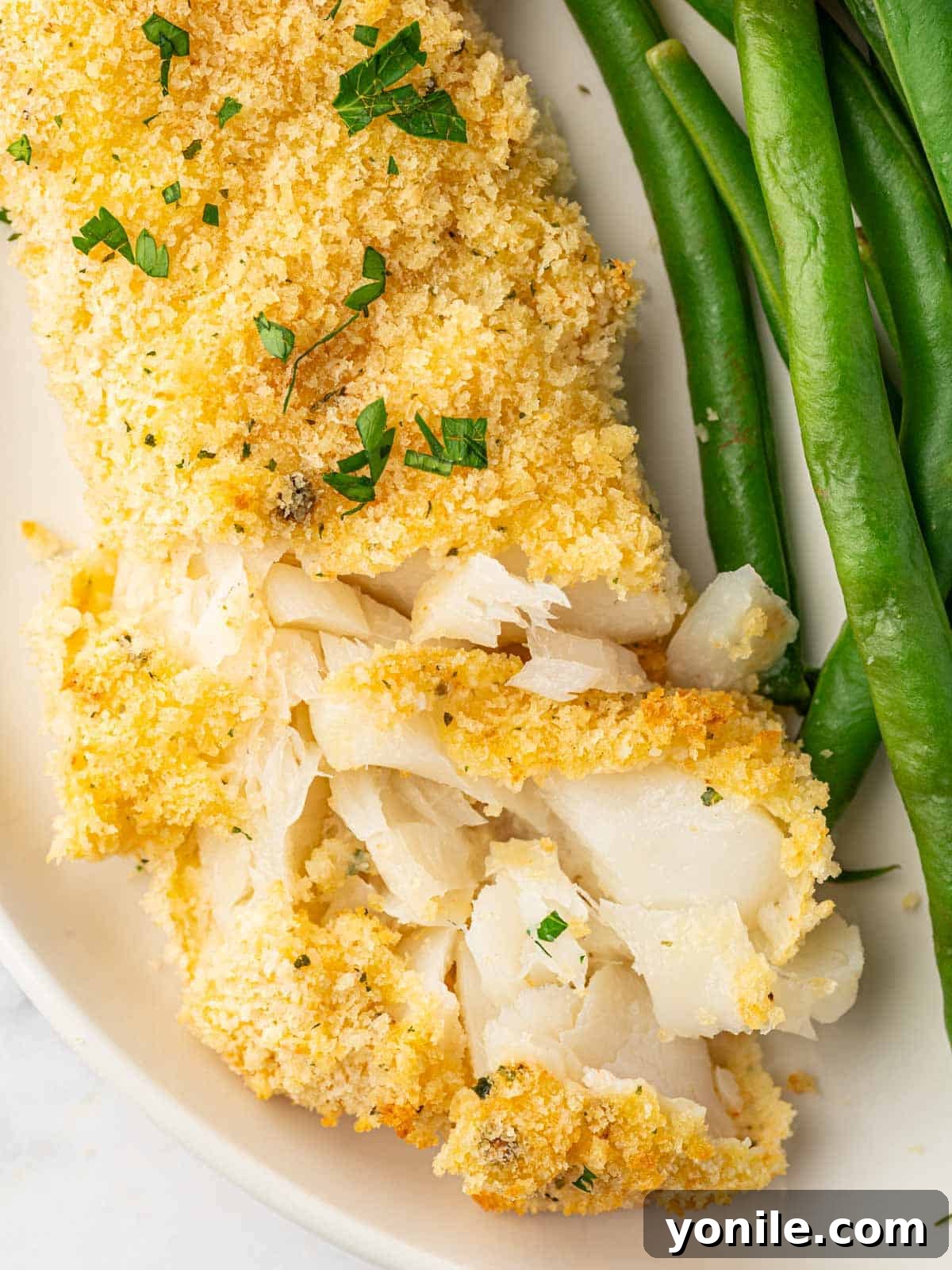 A piece of flaked panko baked cod on a plate with fresh green beans, ready to be enjoyed.