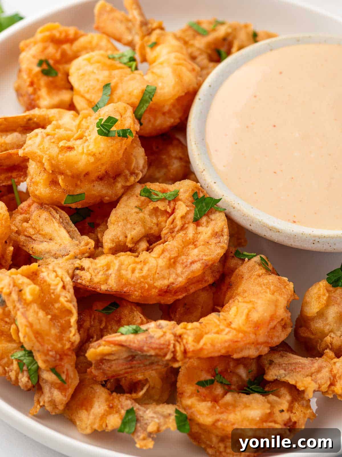 Plate of cajun fried shrimp with a bowl of dipping sauce of the side.