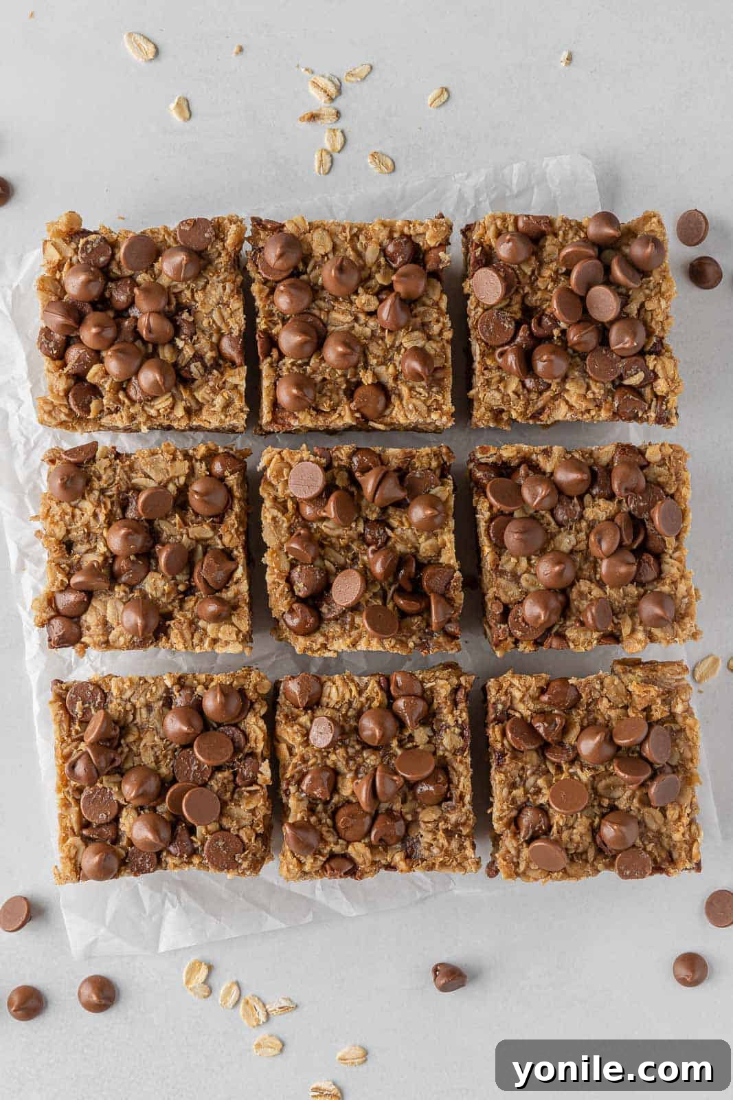 Chewy Chocolate Chip Peanut Butter Oatmeal Bars 8 Nine peanut butter oatmeal bars on parchment paper topped with chocolate chips.